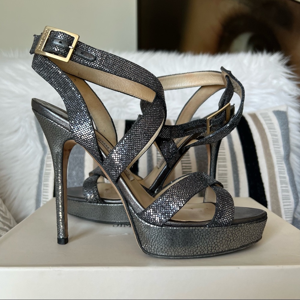 Jimmy Choo Glitter Fabric Anthracite high heel Sandals Size 7.5